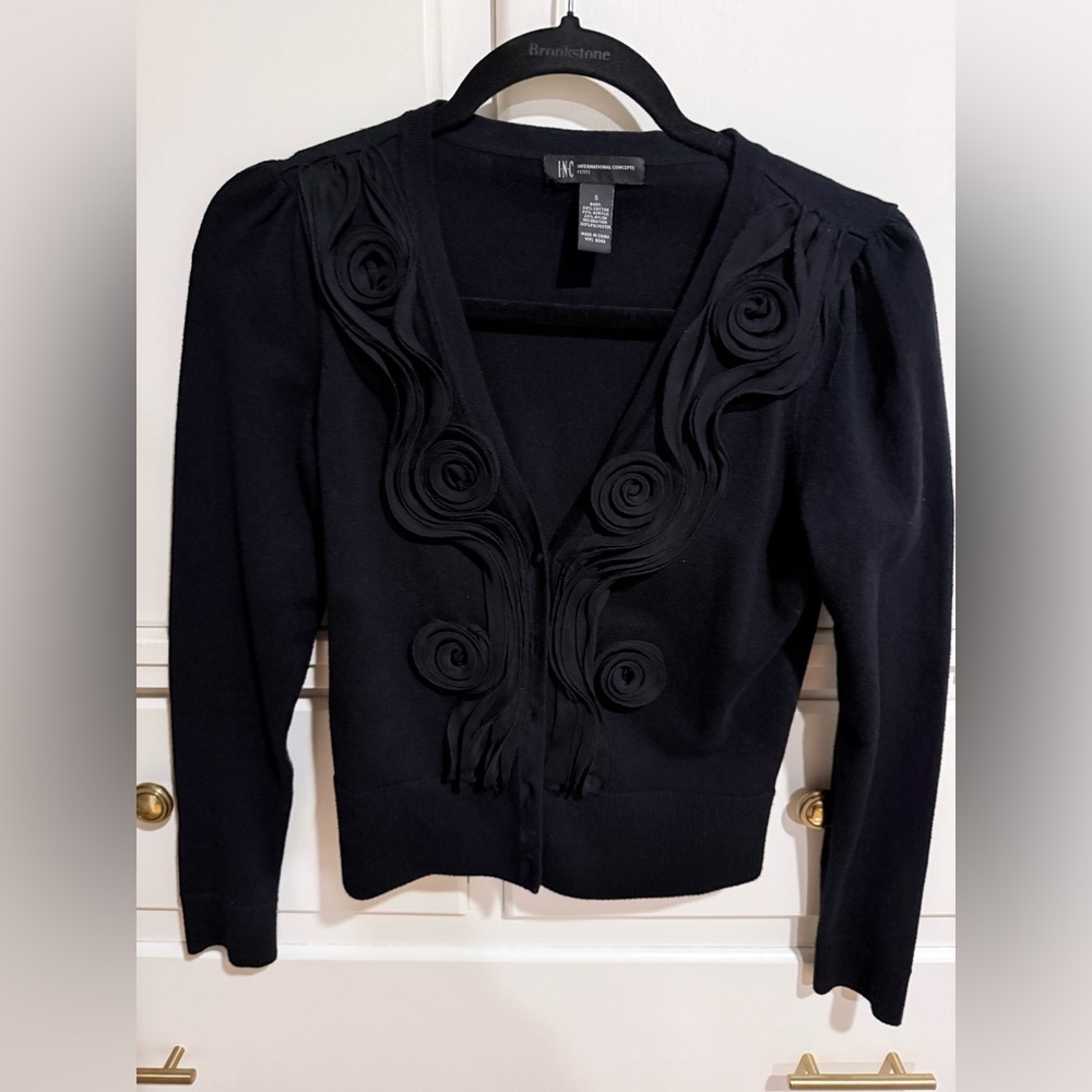INC International Concepts Black Cardigan with Rosette Accents